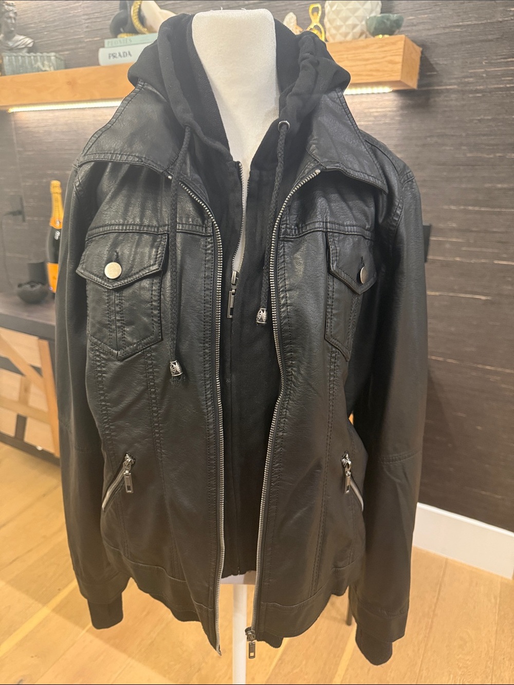 Women’s Black Faux Leather Hooded Zip Jacket w/faux hoodie attached